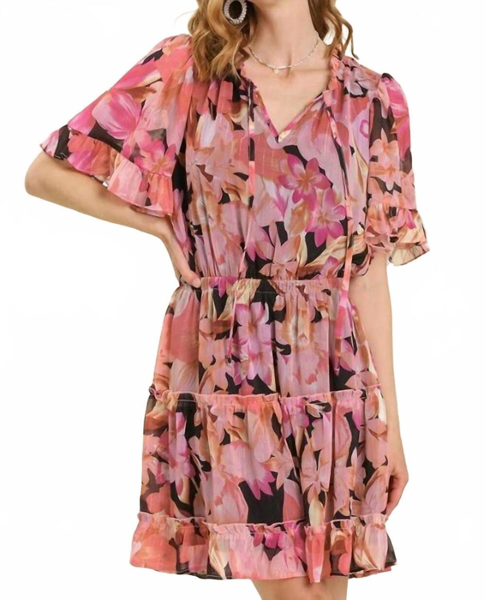 NEW UMGEE split neck front tie tiered dress with lining in floral print